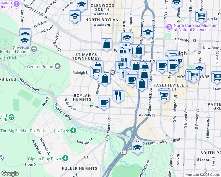 map of restaurants, bars, coffee shops, grocery stores, and more near 600 West Cabarrus Street in Raleigh