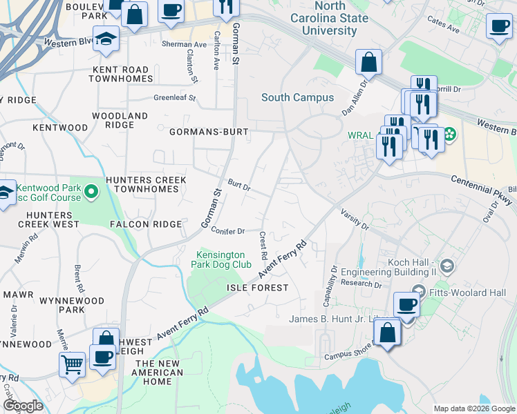 map of restaurants, bars, coffee shops, grocery stores, and more near 1626 Crest Road in Raleigh