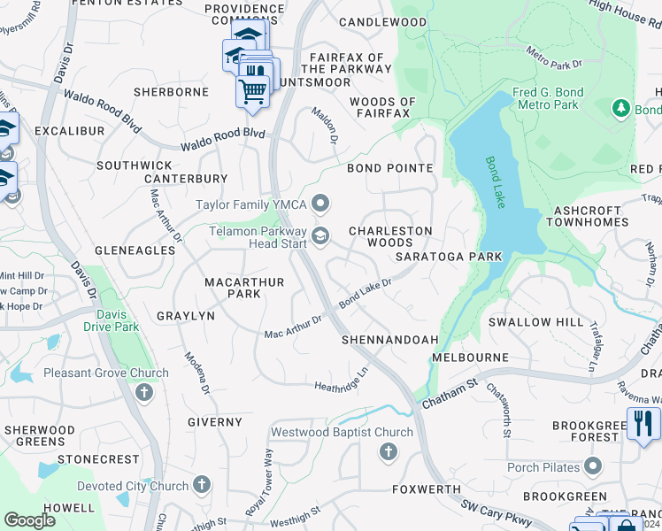 map of restaurants, bars, coffee shops, grocery stores, and more near 118 Wintermist Drive in Cary