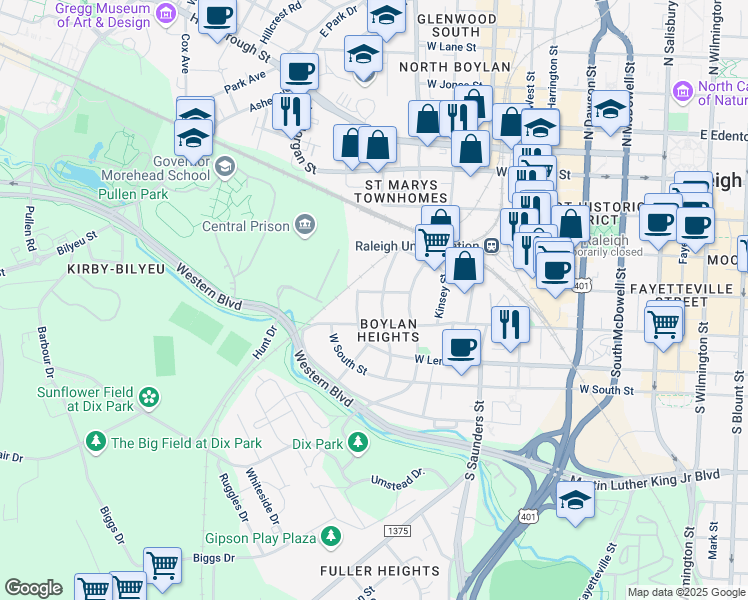 map of restaurants, bars, coffee shops, grocery stores, and more near in Raleigh