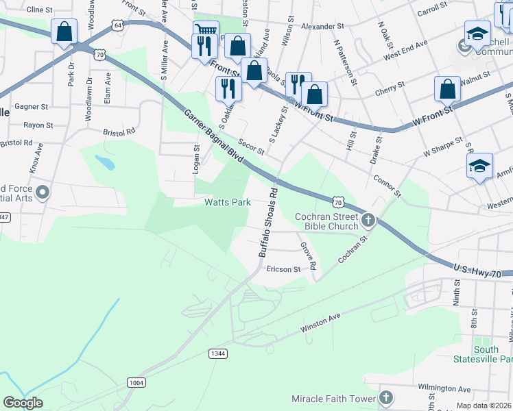 map of restaurants, bars, coffee shops, grocery stores, and more near 422 Buffalo Shoals Road in Statesville