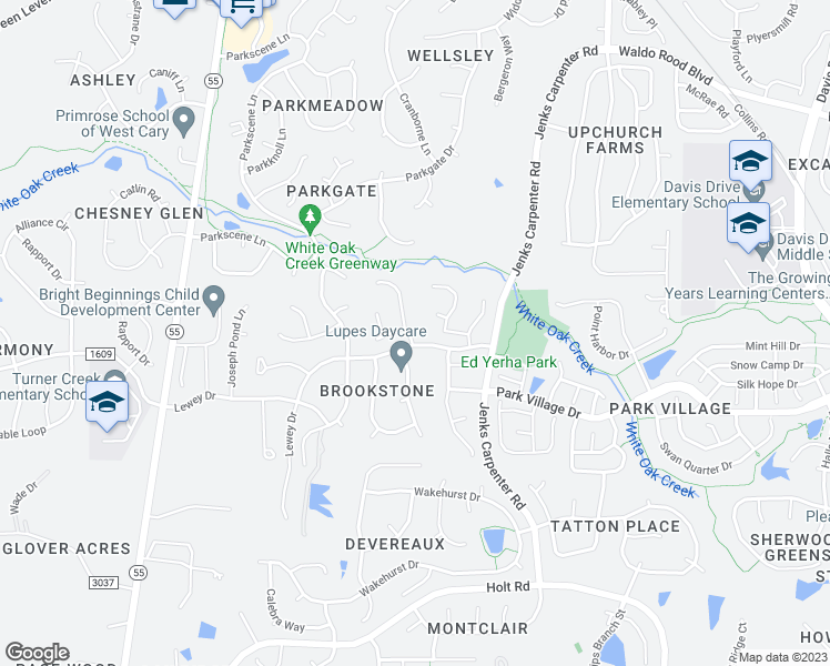 map of restaurants, bars, coffee shops, grocery stores, and more near 102 Streamview Drive in Cary