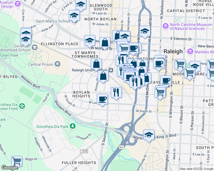 map of restaurants, bars, coffee shops, grocery stores, and more near 600 West Cabarrus Street in Raleigh