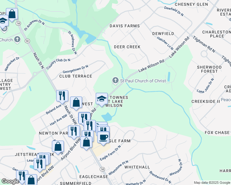 map of restaurants, bars, coffee shops, grocery stores, and more near 4014 Lake Wilson Road in Wilson