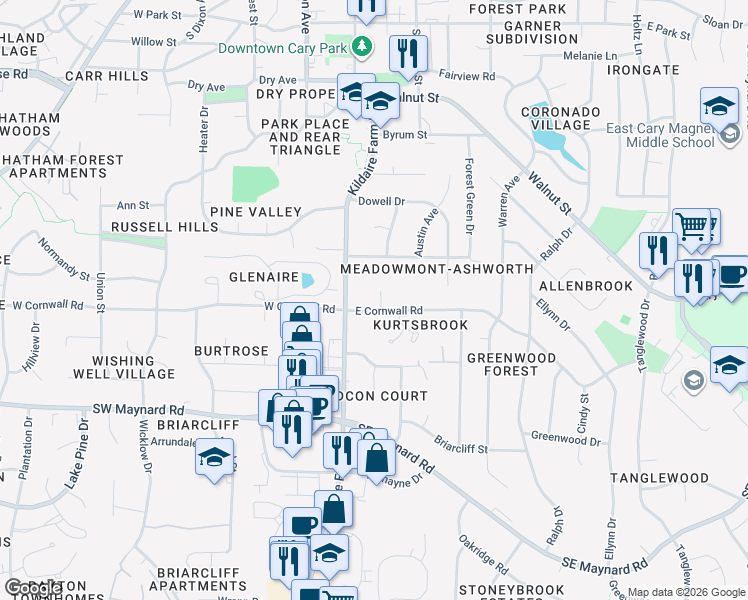 map of restaurants, bars, coffee shops, grocery stores, and more near 112 East Cornwall Road in Cary