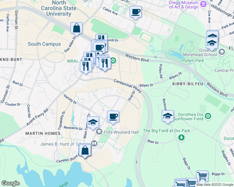 map of restaurants, bars, coffee shops, grocery stores, and more near 830 Main Campus Drive in Raleigh