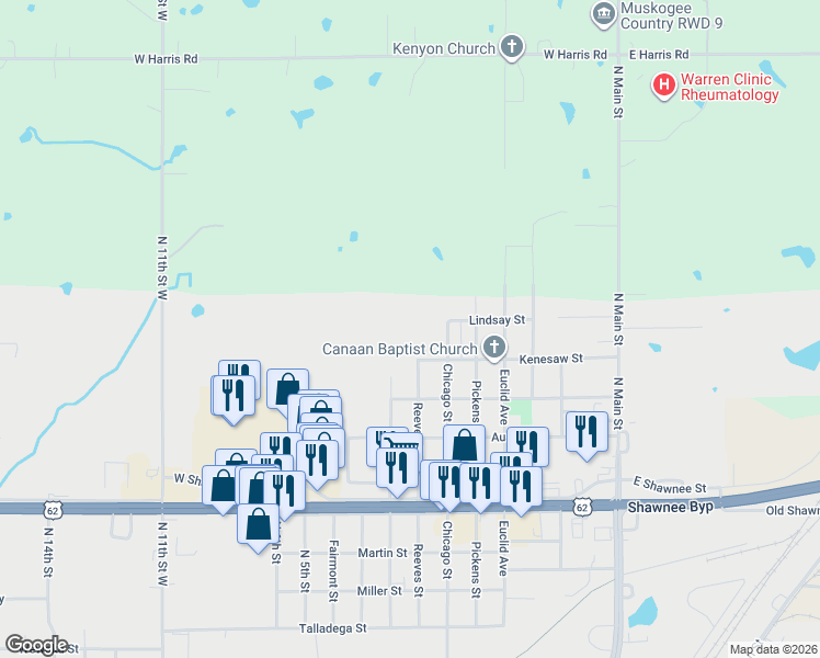 map of restaurants, bars, coffee shops, grocery stores, and more near 2401 Chicago Street in Muskogee