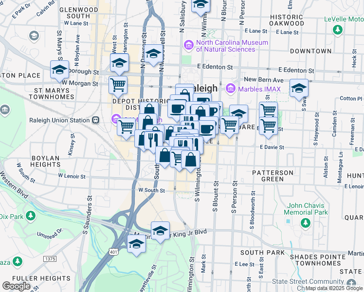 map of restaurants, bars, coffee shops, grocery stores, and more near in Raleigh