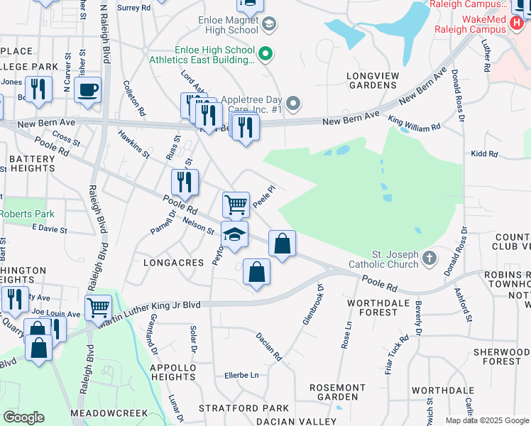 map of restaurants, bars, coffee shops, grocery stores, and more near 321 South King Charles Road in Raleigh