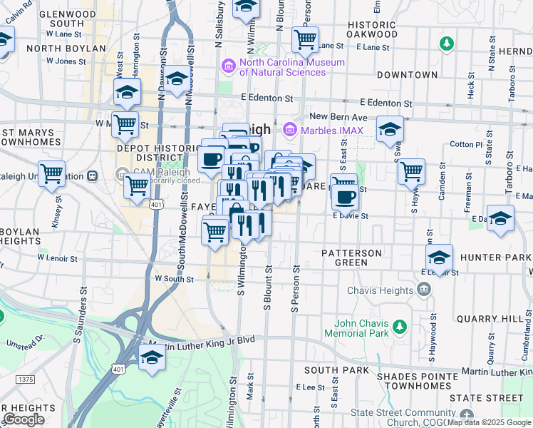 map of restaurants, bars, coffee shops, grocery stores, and more near 444 South Blount Street in Raleigh