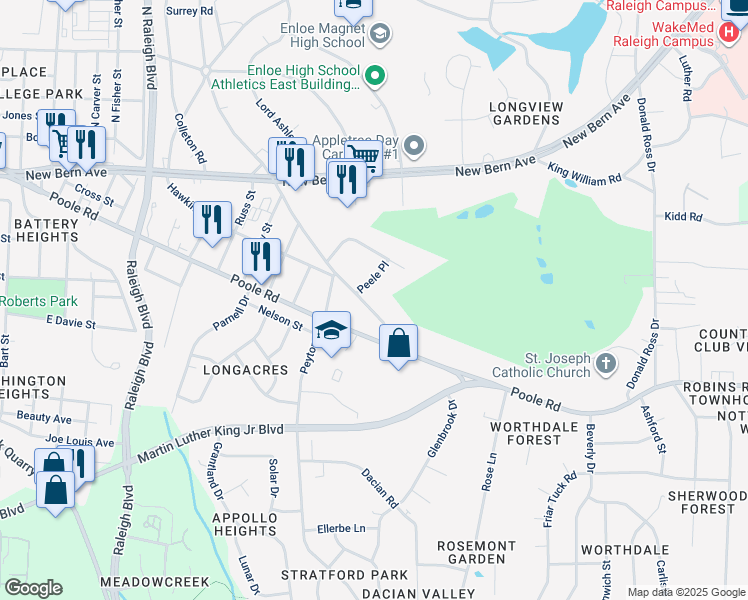 map of restaurants, bars, coffee shops, grocery stores, and more near 321 South King Charles Road in Raleigh
