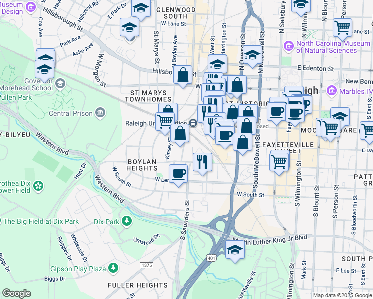 map of restaurants, bars, coffee shops, grocery stores, and more near 600 West Cabarrus Street in Raleigh