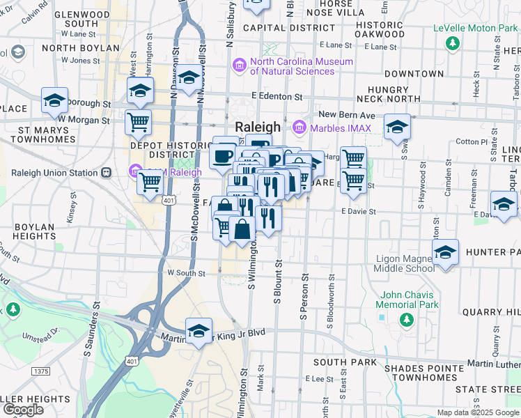 map of restaurants, bars, coffee shops, grocery stores, and more near 100 East Davie Street in Raleigh