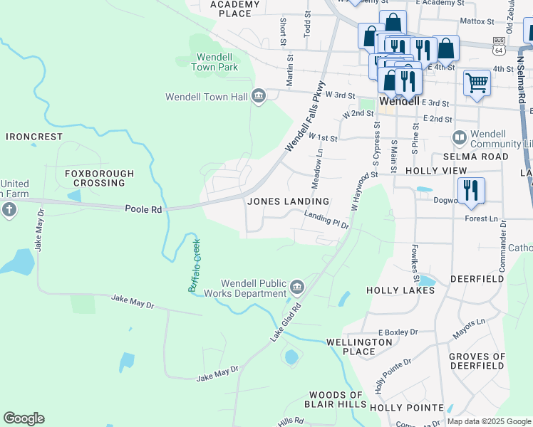 map of restaurants, bars, coffee shops, grocery stores, and more near 417 Oak Dare Lane in Wendell