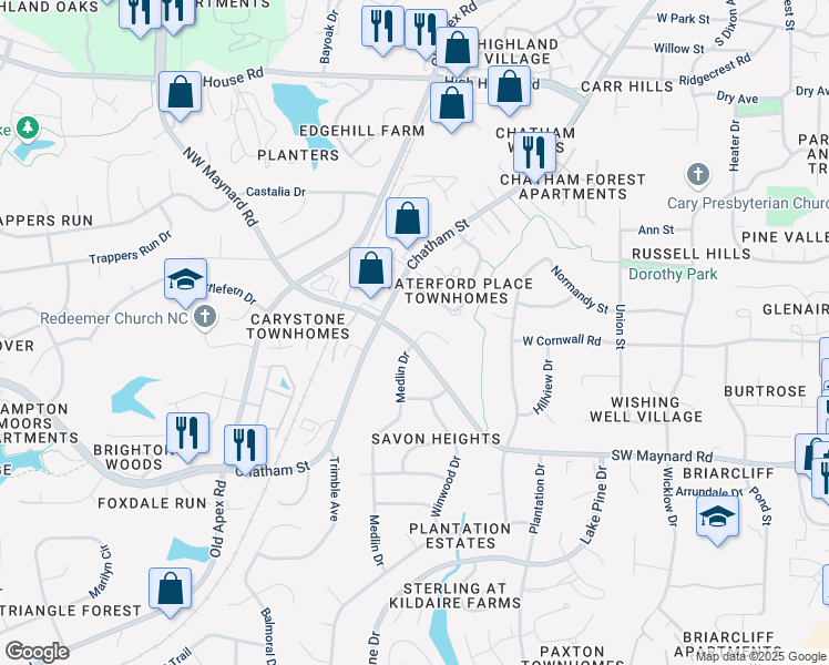 map of restaurants, bars, coffee shops, grocery stores, and more near 105 Greengate Court in Cary