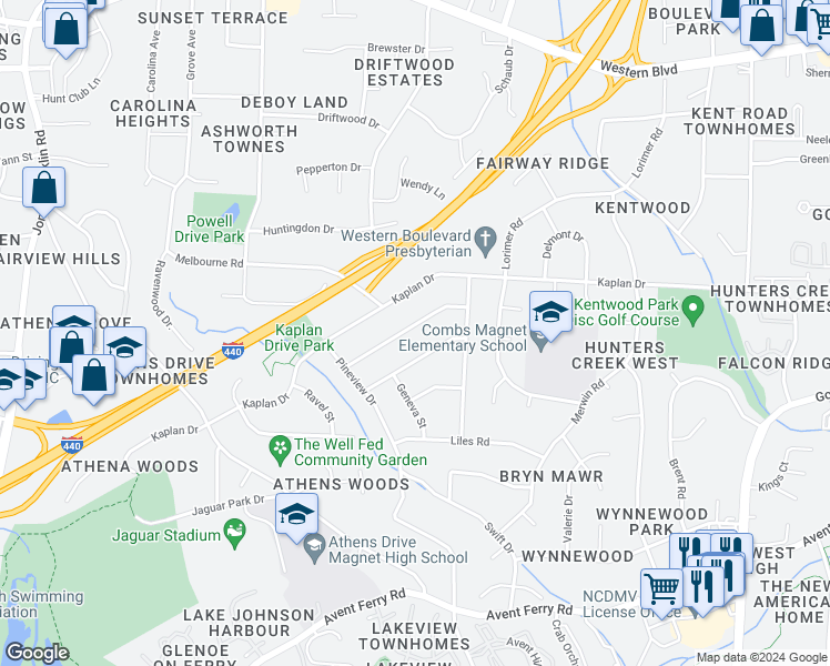map of restaurants, bars, coffee shops, grocery stores, and more near 5027 Wickham Road in Raleigh