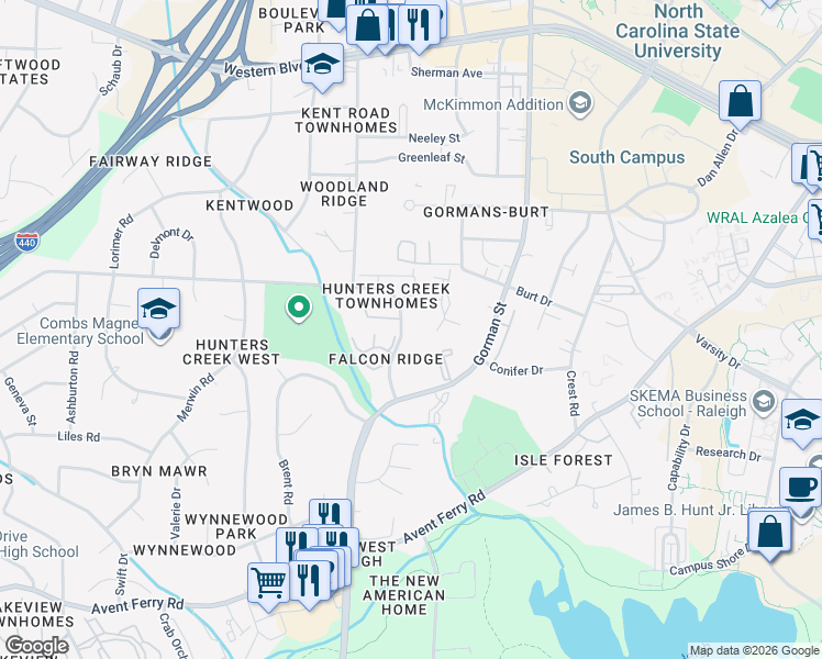 map of restaurants, bars, coffee shops, grocery stores, and more near 4280 Kaplan Drive in Raleigh