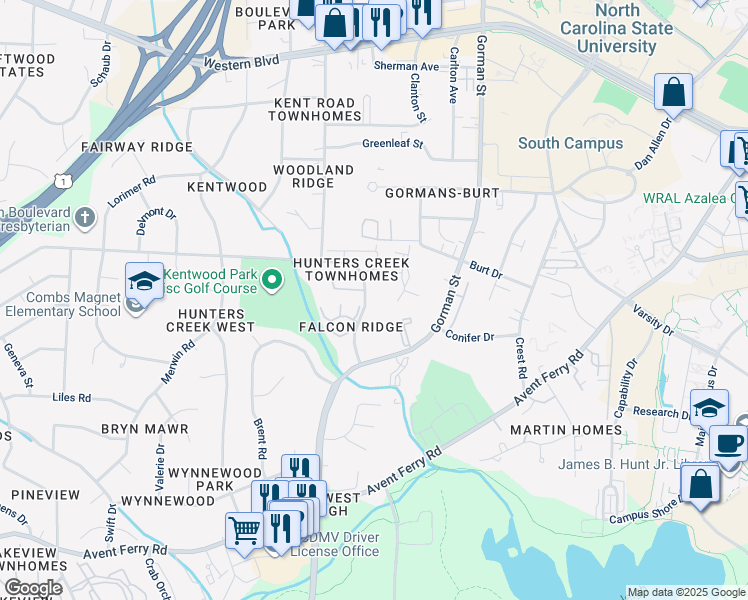 map of restaurants, bars, coffee shops, grocery stores, and more near 4242 Kaplan Drive in Raleigh