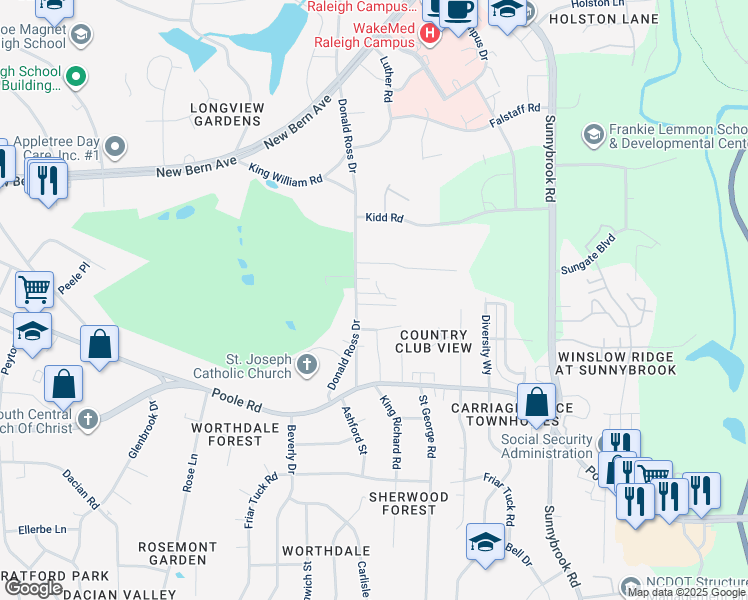 map of restaurants, bars, coffee shops, grocery stores, and more near 3001 Warren Avenue in Raleigh