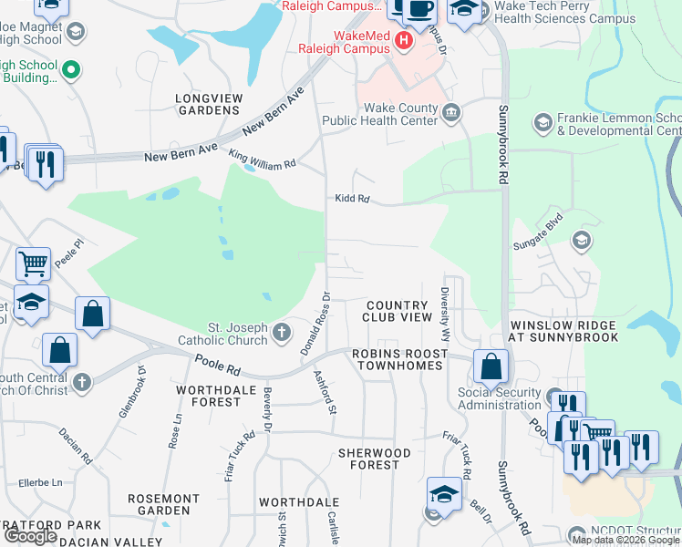 map of restaurants, bars, coffee shops, grocery stores, and more near 3001 Warren Avenue in Raleigh
