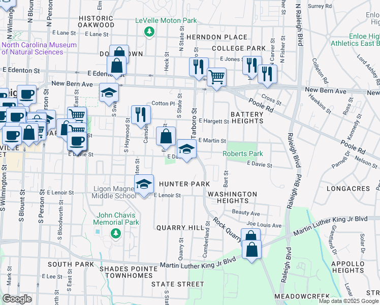 map of restaurants, bars, coffee shops, grocery stores, and more near 324 South Tarboro Street in Raleigh