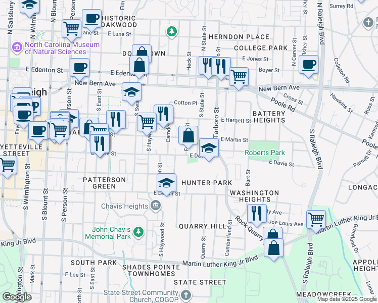 map of restaurants, bars, coffee shops, grocery stores, and more near 908 East Davie Street in Raleigh