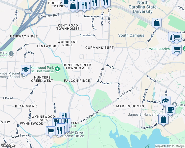 map of restaurants, bars, coffee shops, grocery stores, and more near 1814 Gorman Street in Raleigh