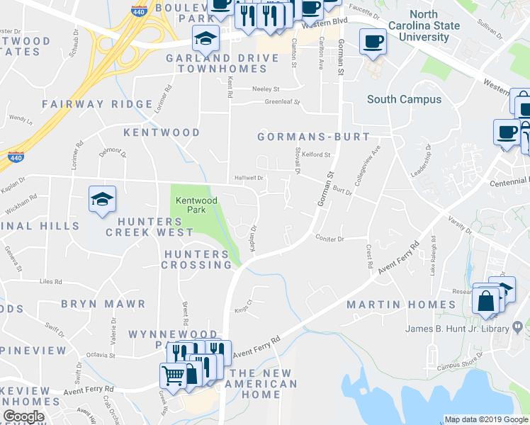 map of restaurants, bars, coffee shops, grocery stores, and more near 4280 Kaplan Drive in Raleigh