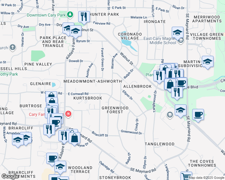 map of restaurants, bars, coffee shops, grocery stores, and more near 315 East Cornwall Road in Cary