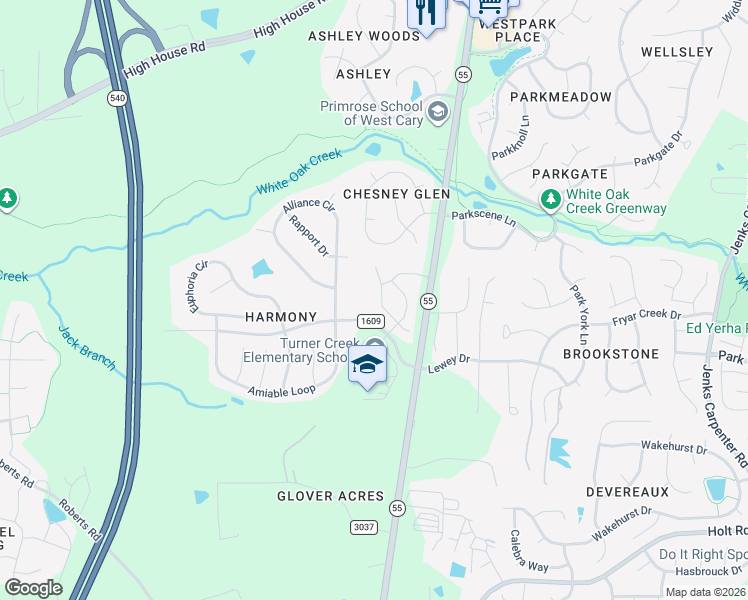 map of restaurants, bars, coffee shops, grocery stores, and more near 6824 Turner Creek Road in Cary