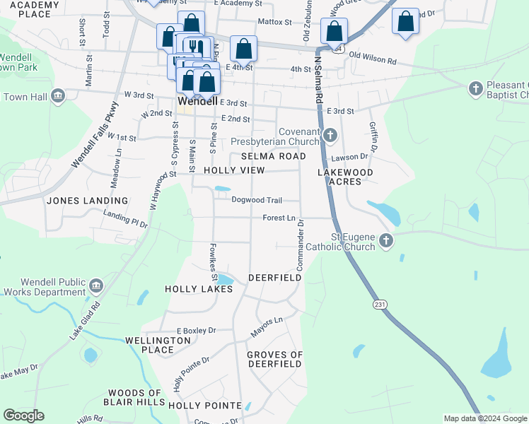 map of restaurants, bars, coffee shops, grocery stores, and more near 219 Forest Lane in Wendell