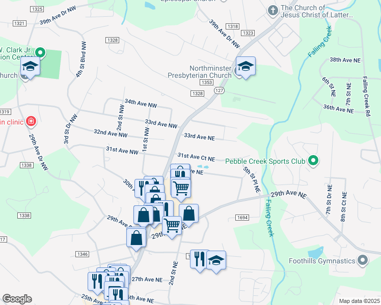 map of restaurants, bars, coffee shops, grocery stores, and more near 41 31st Avenue Court Northeast in Hickory