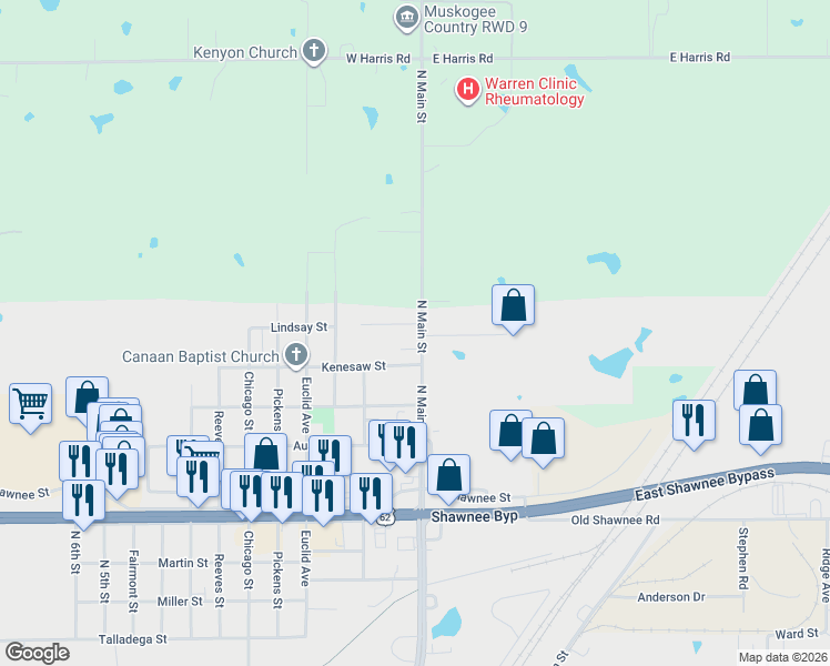 map of restaurants, bars, coffee shops, grocery stores, and more near 2402 North Main Street in Muskogee