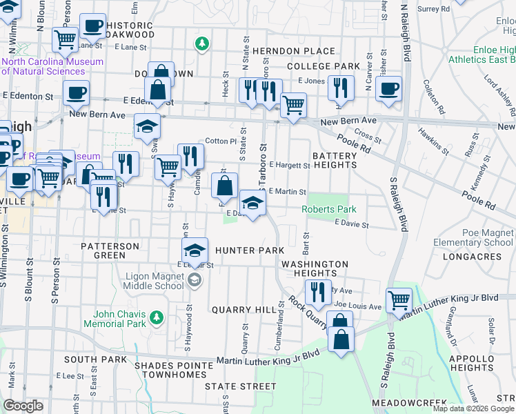 map of restaurants, bars, coffee shops, grocery stores, and more near 324 South Tarboro Street in Raleigh