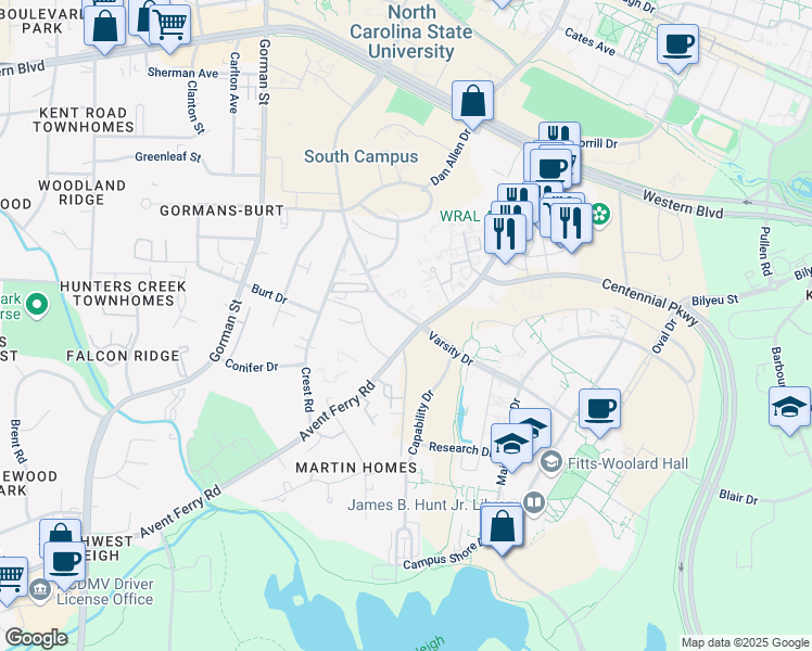 map of restaurants, bars, coffee shops, grocery stores, and more near 1572 Varsity Drive in Raleigh