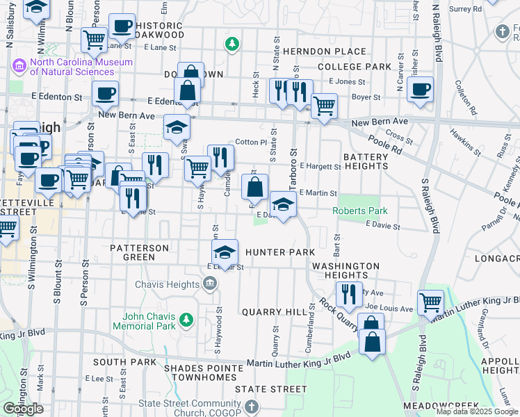 map of restaurants, bars, coffee shops, grocery stores, and more near 908 East Davie Street in Raleigh