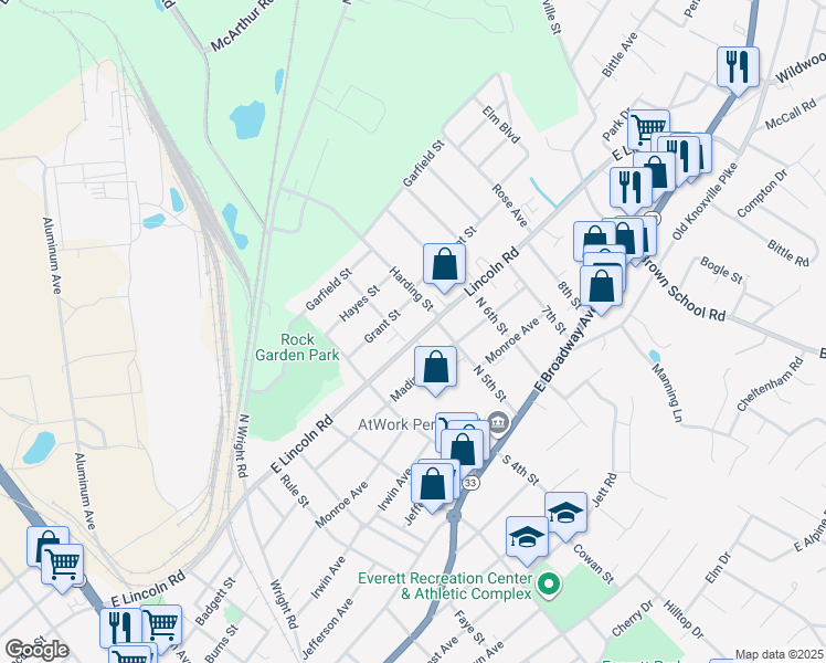 map of restaurants, bars, coffee shops, grocery stores, and more near 677 East Lincoln Road in Alcoa