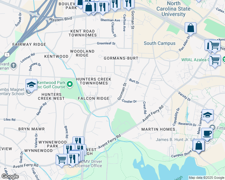 map of restaurants, bars, coffee shops, grocery stores, and more near 1814 Gorman Street in Raleigh
