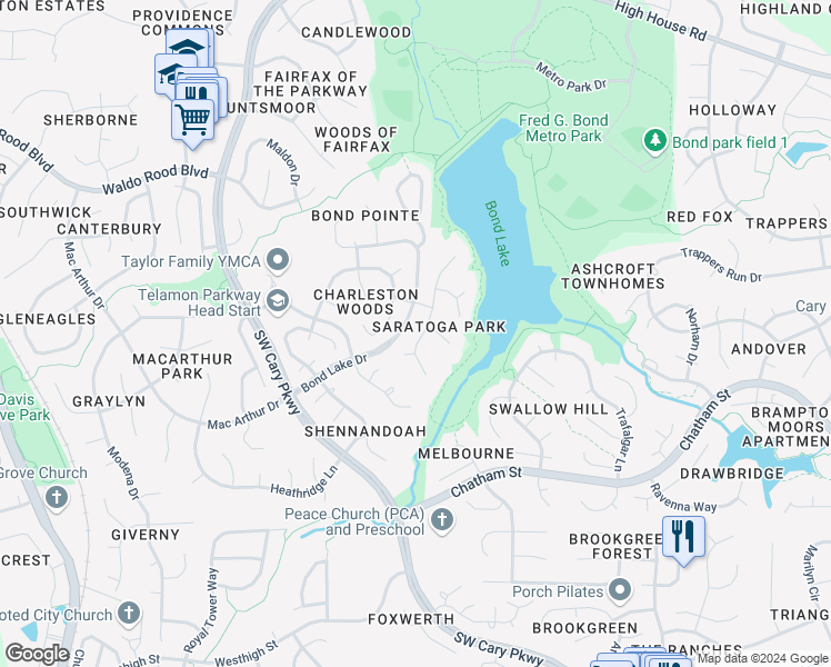 map of restaurants, bars, coffee shops, grocery stores, and more near 106 White Sands Drive in Cary