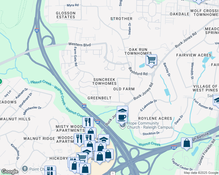 map of restaurants, bars, coffee shops, grocery stores, and more near 5922 Suncreek Court in Raleigh
