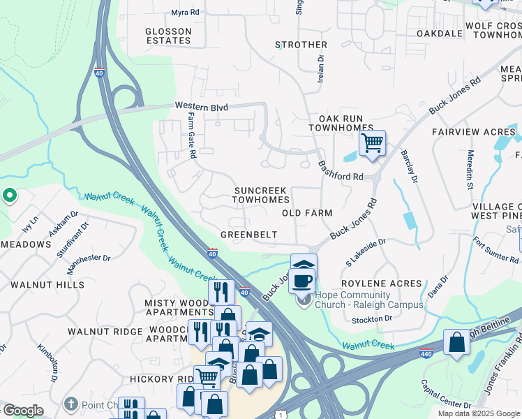 map of restaurants, bars, coffee shops, grocery stores, and more near 5921 Suncreek Court in Raleigh