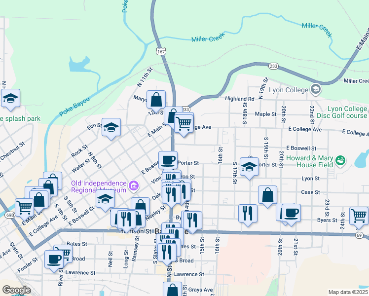 map of restaurants, bars, coffee shops, grocery stores, and more near 1411 Porter Street in Batesville