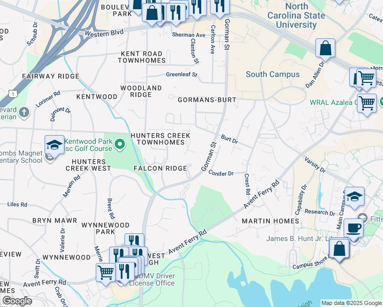 map of restaurants, bars, coffee shops, grocery stores, and more near 4105 Iver Johnson Drive in Raleigh