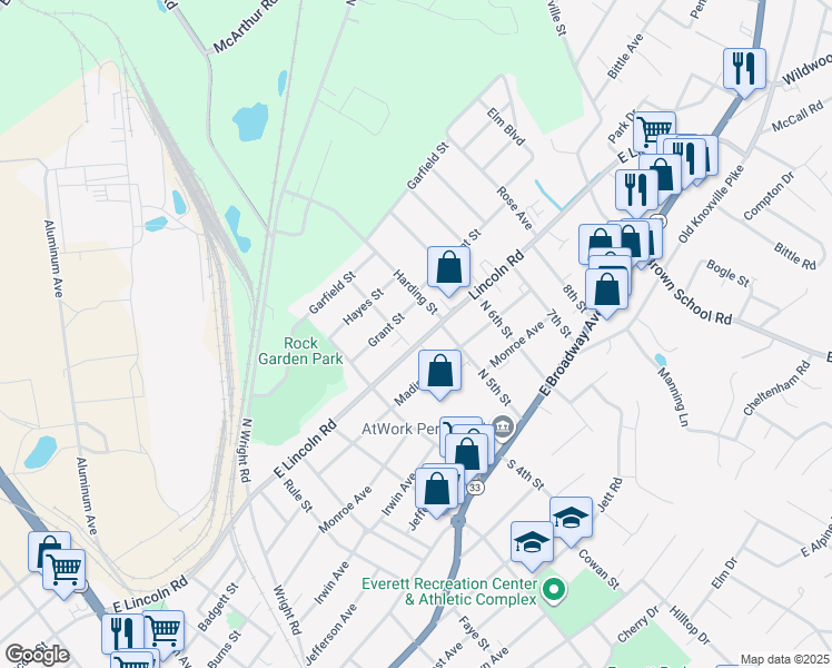 map of restaurants, bars, coffee shops, grocery stores, and more near 649 East Lincoln Road in Alcoa
