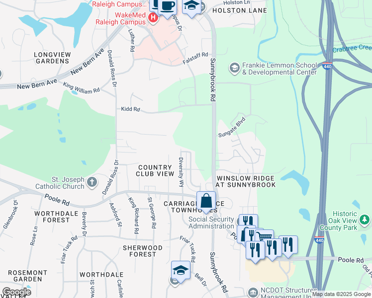 map of restaurants, bars, coffee shops, grocery stores, and more near 601 Rawls Drive in Raleigh