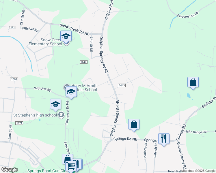 map of restaurants, bars, coffee shops, grocery stores, and more near 3411 Sulphur Springs Road Northeast in Hickory