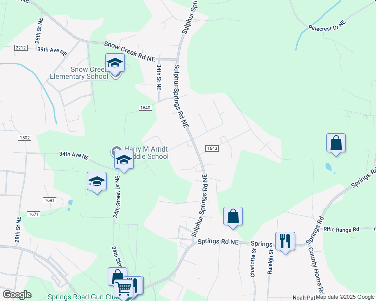 map of restaurants, bars, coffee shops, grocery stores, and more near 3431 Sulphur Springs Road Northeast in Hickory