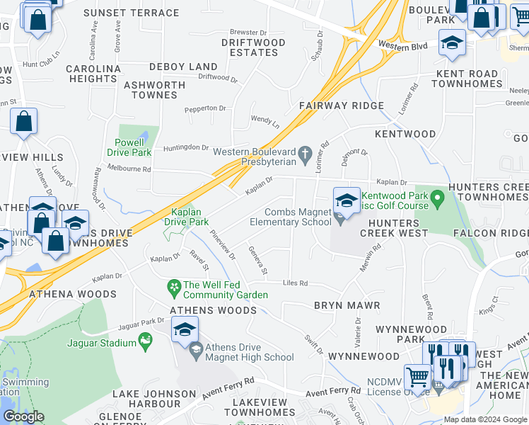 map of restaurants, bars, coffee shops, grocery stores, and more near 5020 Newcastle Road in Raleigh