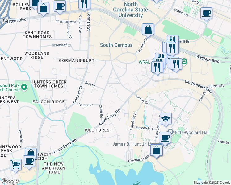 map of restaurants, bars, coffee shops, grocery stores, and more near 2510 Avent Ferry Road in Raleigh