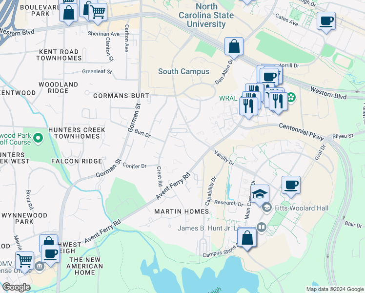 map of restaurants, bars, coffee shops, grocery stores, and more near 3500 Ivy Commons Drive in Raleigh
